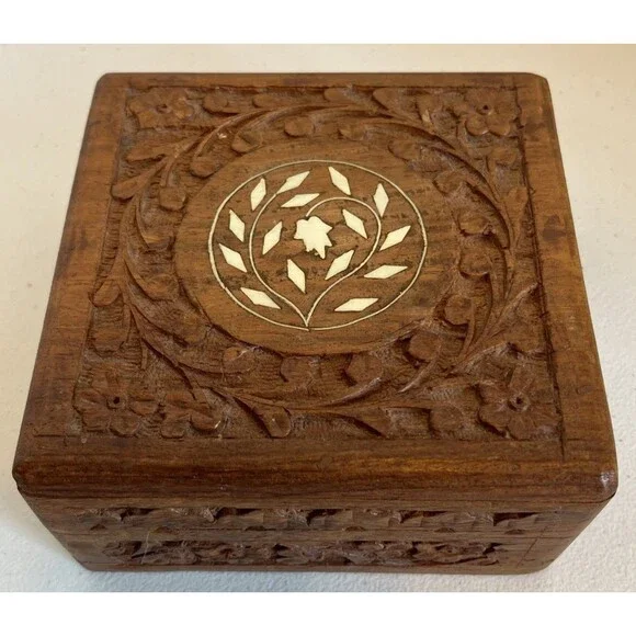 VTG Hand Carved Wooden Box Mother Pearl Inlay Trinket Hinged Lid 5”X5”X2.5” - Picture 2 of 13